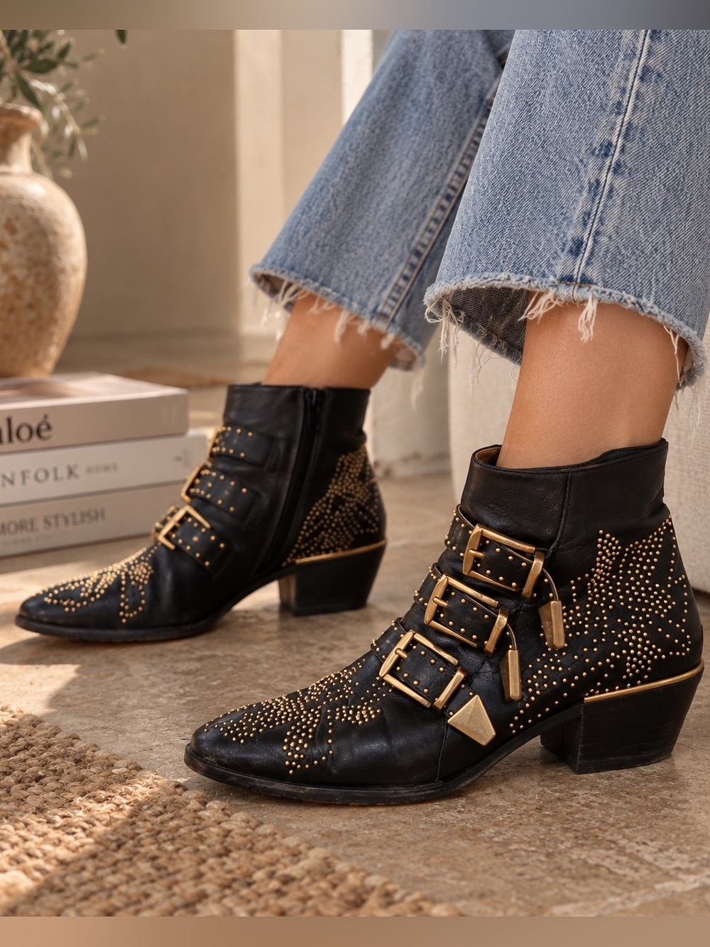 Chloè Chelsea Black Studded Ankle Boots with Gold Buckles - Women